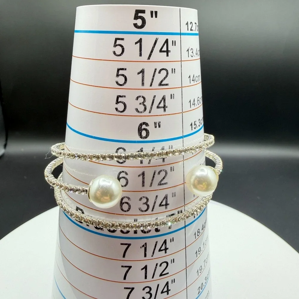 Clear Rhinestone Faux Pearl Silver Tone Triple Row Cuff Wrap Bracelet Bridal